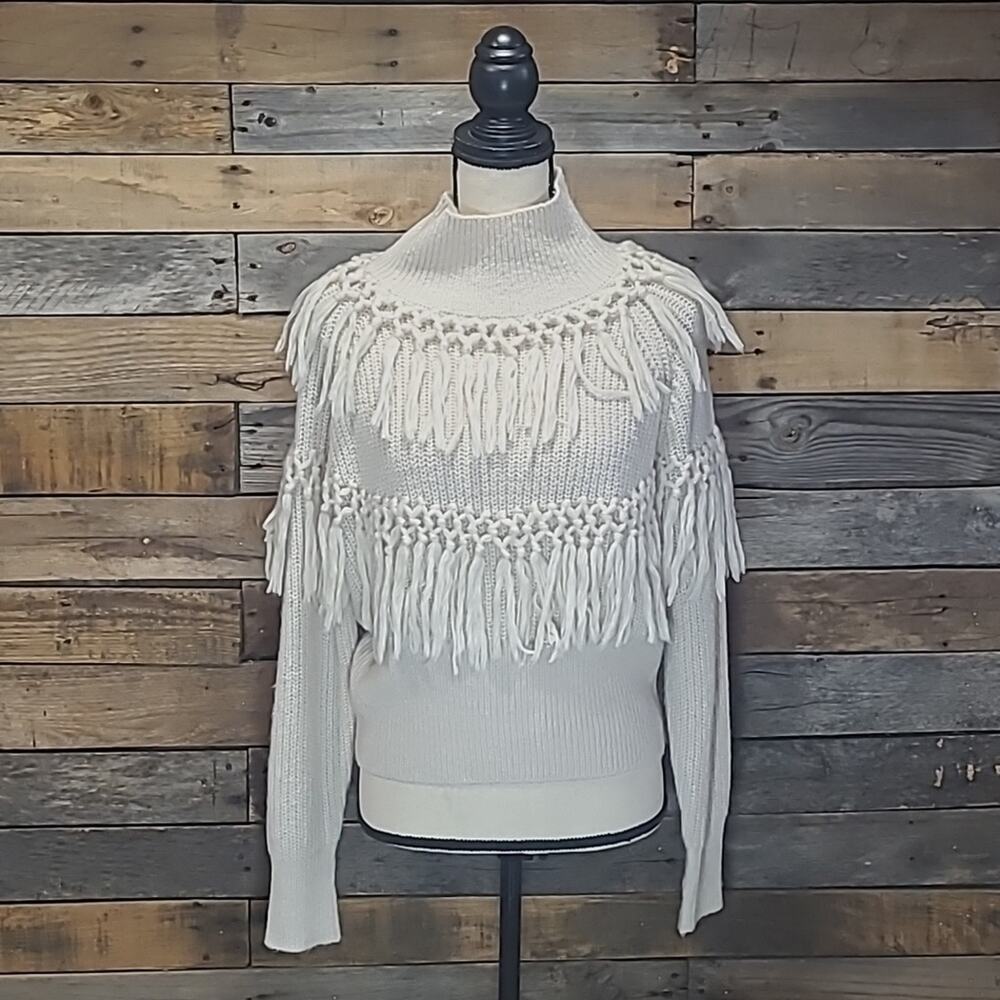 Fate Sweater Knit Chunky Beige Fringe Tassel Boho Western Size Small NWT